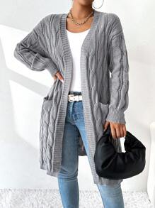 SHEIN Essnce Women's Women Cardigans Solid Color Casual Long Sleeve Knit Cardigan With Pockets - Grey - View 4