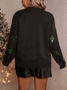 SHEIN Clasi Suéter tipo pullover grueso de punto negro con bordado y cuentas para mujer de talla grande, adecuado para Halloween, Año Nuevo, San Valentín, Acción de Gracias, Navidad, Pascua, fiestas de disfraces, Nochevieja, para invierno