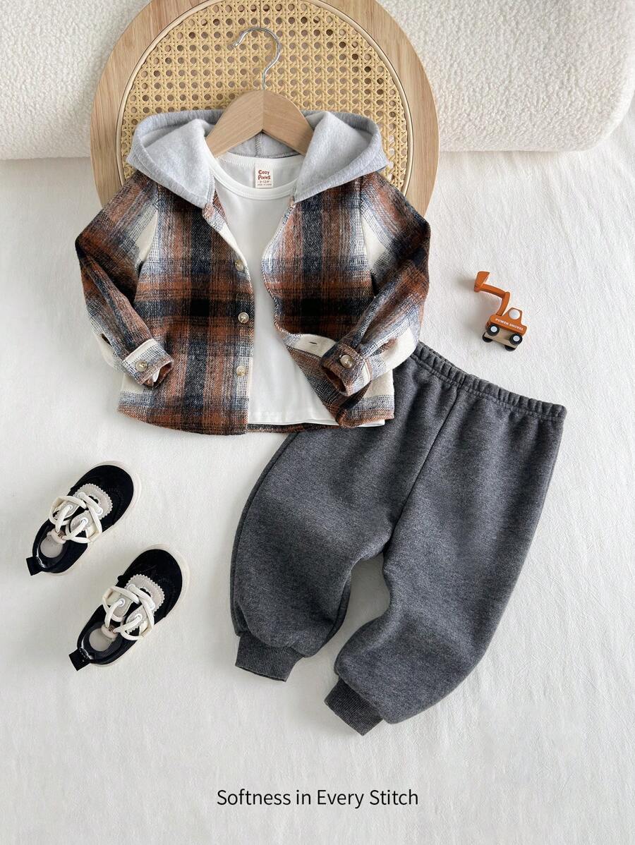 Cozy Pixies 3 件装男婴纯色针织柔软圆领长袖 T 恤、格子连帽夹克和卷边裤秋冬服装套装，适合圣诞节 - 深灰色 - 查看 1