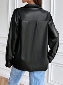 SHEIN Unity 女式翻领 PU 皮夹克，长袖，休闲街头风格时尚仿皮黑色夹克 - 黑色 - 查看 2