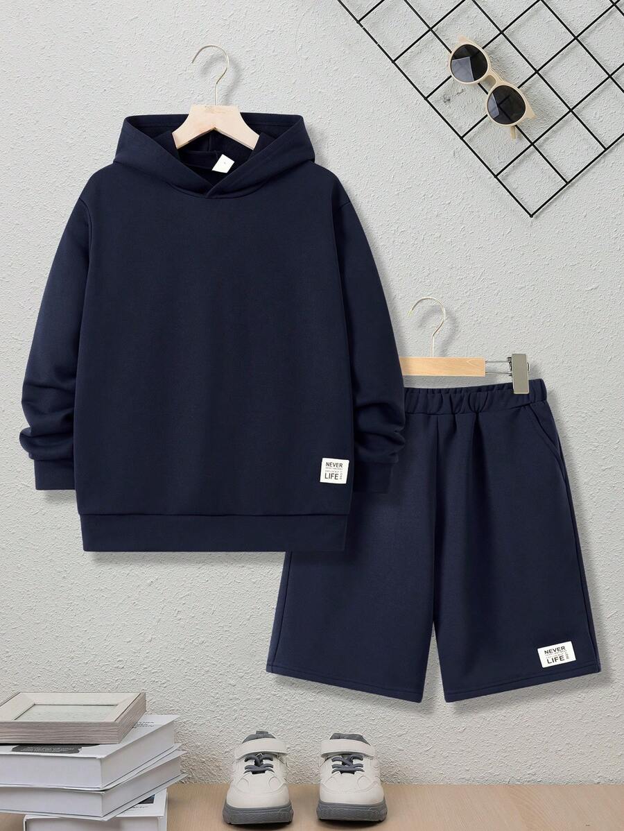 SHEIN Bộ 2 áo nỉ dệt kim cơ bản thường ngày cho bé trai tuổi mới lớn - Màu xanh hải quân - Xem 1