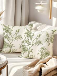 2 件植物印花靠垫套（无填充物），现代装饰抱枕套，适用于客厅和卧室，圣诞节可作为节日礼物 - 綠色 - 查看 2