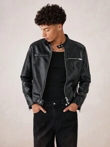 Manfinity VCAY Men's Woven Loose Cropped Relaxed Casual Jacket, Suitable For Autumn And Winter - Black - View 2