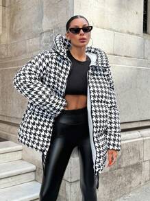 EURMUSE Pied De Poule Printed, Keep Warm Feature, Draw String Hem Detailed Puffer Winter Coat - Black and White - View 4