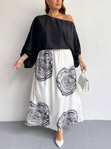 SHEIN Privé Sukienka damska w jednolitym kolorze z kwiatowym nadrukiem i asymetrycznym dekoltem w dużych rozmiarach - Czarne - Zobacz 6