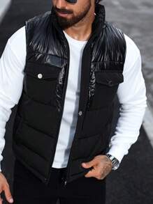 Manfinity Homme Men Pocket Design Casual Winter Matching Sleeveless Coat , Black Vest