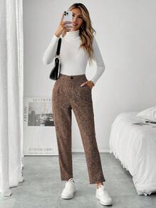 SHEIN LUNE Damen Hose mit Knopftaschen, modischer Streetwear-Stil, Leoparden Muster, tailliert und gekürzt - Verschiedenfarbig - Übersicht 6
