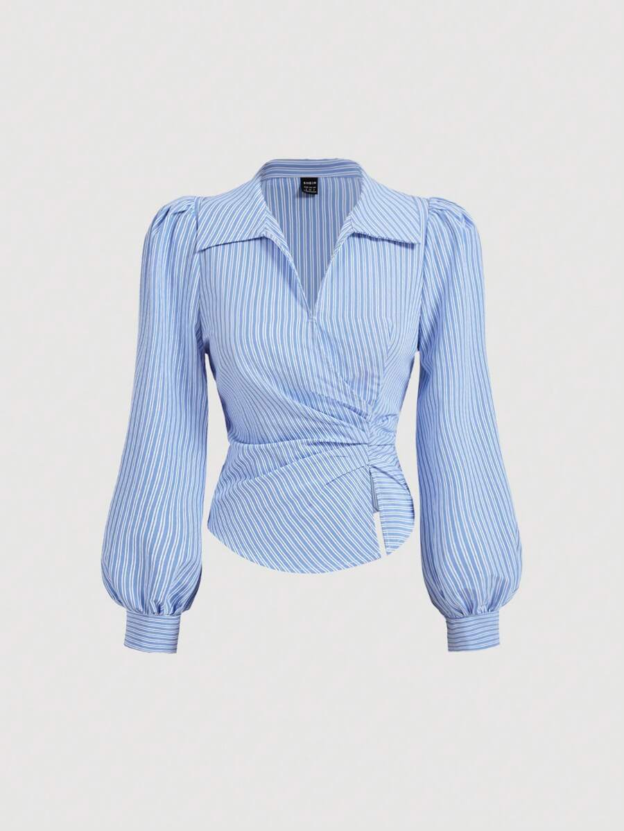 SHEIN MOD 藍白條紋女款秋季優雅辦公襯衫,翻領泡泡袖收腰 V 領正式商務休閒工作服 - 藍色 - 查看 1