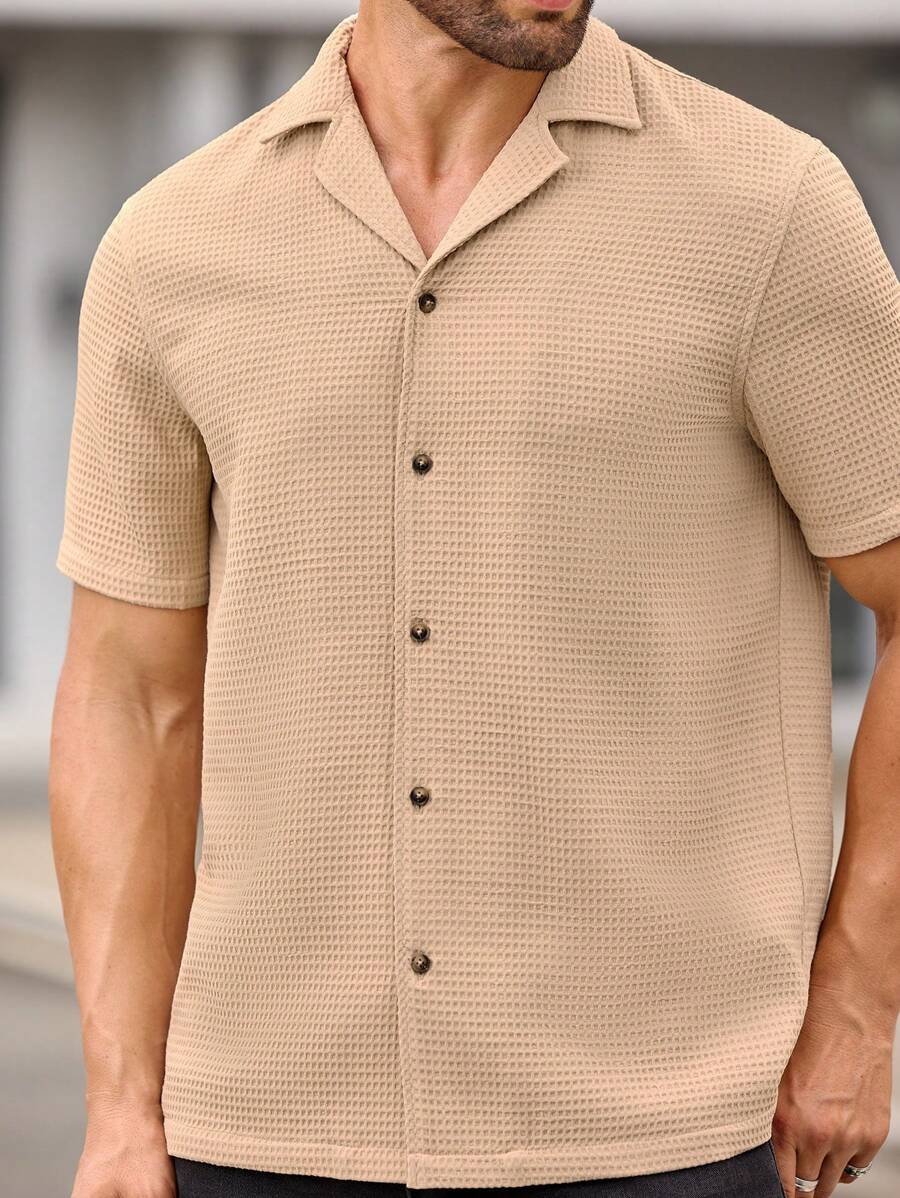 Manfinity VCAY Men's Slim Fit Solid Color Casual Stand Collar Short Sleeve Shirt, Suitable For Summer - Khaki - View 1