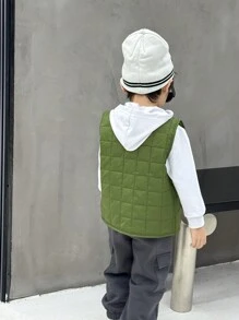 SHEIN 1pc Young Boy Casual Plaid Padded Vest, Suitable For Daily, School, Outdoor Play In Autumn & Winter - Army Green - View 2