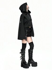 ROMWE Grunge Punk Áo hoodie oversize phong cách đường phố có dây rút màu đen trơn dành cho nữ - màu đen - Xem 6