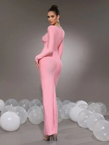 Modphy新款水钻网纱拼接设计长袖美人鱼绷带连衣裙，女士伴娘正式晚礼服，适合婚礼、派对、节日、开斋节等场合，也可作为婚礼宾客礼服穿着。 - 粉色 - 查看 4