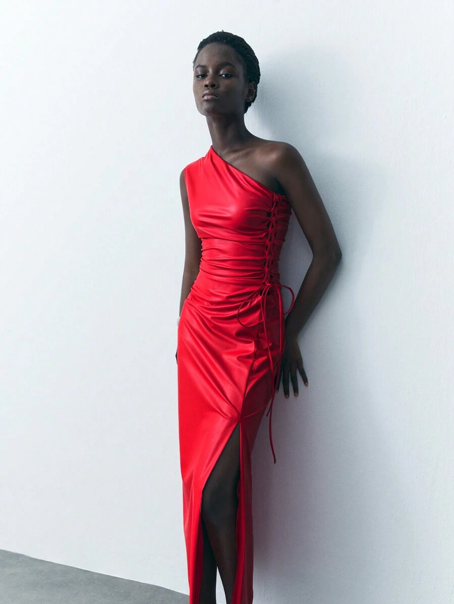 Maija Women's Solid Color Asymmetrical Shoulder Tie-Up Slit Dress - Red - View 1