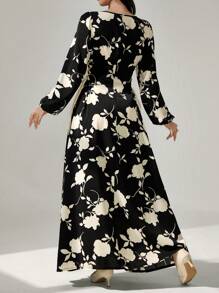 Al Najma Round Neck Lantern Sleeve Side Drawstring Dual-Color Print Dress - Black - View 7