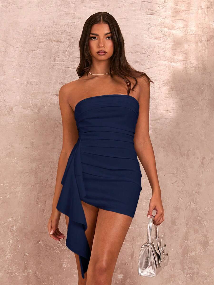 SHEIN BAE Women's Sleeveless, Strapless, Ruched, High Slit, Ruffle Trim, Wrap Around White Summer Dress - Navy Blue - View 1