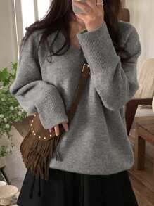 DAZY 女式纯色 V 领长袖套头衫、长袖上衣、秋装