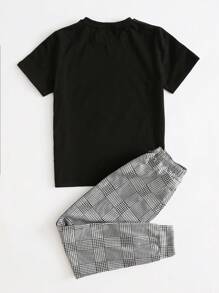 SHEIN 青少年男孩條紋膠帶肩格子犁形頸上衣和褲子套裝