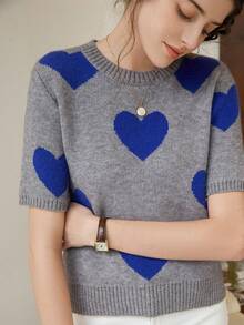 Knit Mix 法式针织通勤女式上衣，心形图案圆领短袖宽松休闲夏季毛衣，情人节礼物，返校季秋季女装 - 灰色 - 查看 10