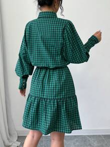 Chiquease Button Front Long Sleeve Collared Collegiate Pattern A-Line Waist Shirtdress - Green - View 2