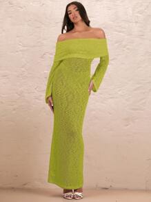 SHEIN BAE 女士优雅白色透视露肩长袖连衣裙，浪漫度假婚纱 - 橄欖綠 - 查看 2