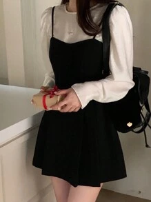 DAZY 女士纯色拼接长袖休闲连衣裙、生日、新年舞会礼服、迷你连衣裙圣诞节 - 黑色 - 查看 5