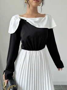 Chiquease Women's Fashion Elegant Frill Collar Black And White Contrast Color Ruffle Hem Dress Fall Cloth For Women - Black and White - View 6