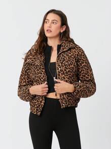 Easelle Snap-Button Leopard Print Corduroy Down Jacket - Brown - View 1