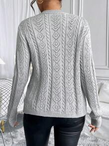 SHEIN Clasi 女士纯色 V 领扭纹前扣长袖开衫 - 灰色 - 查看 2