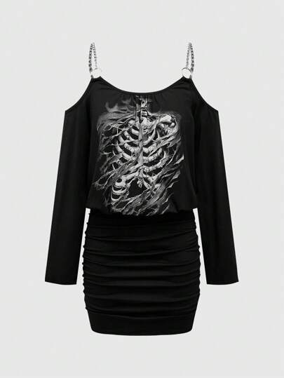 Grunge Punk Robe mini à manches longues moulante avec découpe aux épaules, imprimé squelette style punk et froissé pour femmes