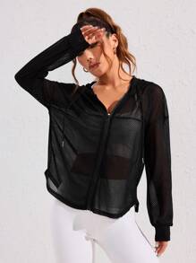 SHEIN Sport Studio Spring & Summer Casual Solid Color Sheer Hooded Sports Jacket