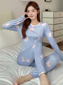 DAZY Cute Giraffe Pattern Bodycon Pajamas Set - Blue - View 6