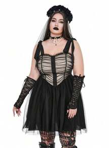 Flirla Goth Punk Gothic Punk Style Vintage Ruffle Mesh Patchwork Gathered Waist Dress, Halloween/Dark Punk - Black - View 5