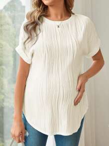SHEIN Chemise de grossesse ample à col rond à manches courtes de longueur longue, été