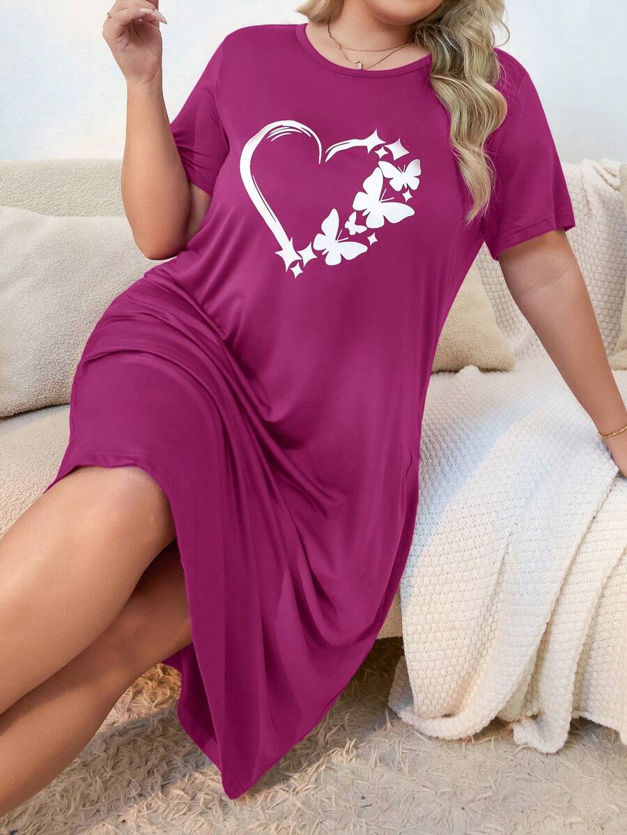 Plus Size Women Heart Print Round Neck Short Sleeve Nightgown, Moo Moo Night Dress - Hot Pink - View 1