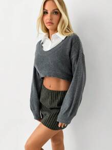 SHEIN Unity 1件女士时尚办公风U领短款长袖针织衫，鱼尾款，灰色，秋冬款 - 灰色 - 查看 4