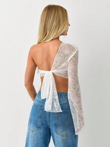 SHEIN Unity 女士纯色不对称领透明长袖衬衫 - 白色 - 查看 2