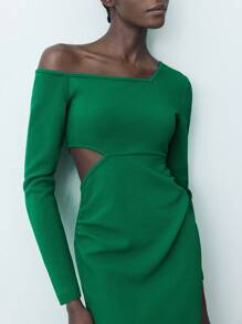 Maija Women's Solid Color Asymmetrical Neckline Long Sleeve Dress Classy Green Dress Elegant Knitted Dress