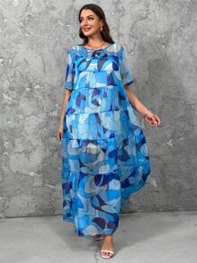 SHEIN LUNE 大码全印花长款休闲连衣裙 - 藍色 - 查看 4