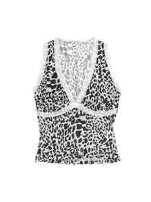 SHEIN EZwear 女士豹纹 V 领蕾丝撞色休闲背心 - 黑色 - 查看 3
