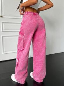 SHEIN PETITE Quần Jeans Ống Rộng Cotton Baggy Cho Nữ, Thiết Kế Gợi Cảm, Quần Cargo Cho Nữ, Quần Hồng Nóng, Quần Homecoming, Quần Jeans Baggy, Quần Jeans Nữ Baggy, Quần Jeans Cạp Thấp - Hồng - Xem 8