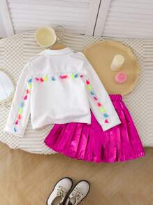 SHEIN 2pcs/Set Young Girl Fashion Elegant Top Jacket + Fuschia Pleated Skirt Outfit, Spring & Autumn