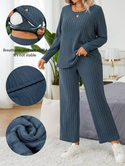 EMERY ROSE 2 件套合身休闲保暖罗纹羊毛长袖上衣和裤子套装，内置加垫胸罩