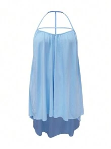 SHEIN Slayr Áo hai dây hở lưng màu trơn dành cho nữ Plus Size, mùa hè - Màu xanh lam - Xem 4