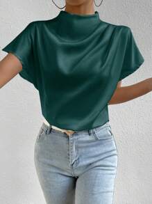 Chiquease Damen Elegante Bluse mit Stehkragen, Fledermausärmeln, Plissee und einfarbigem Design - Taubenblau - Übersicht 1