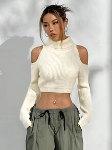 StreetHx 女士纯色高领长袖露肩毛衣、休闲日常装、长袖上衣 - 白色 - 查看 1