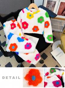 SHEIN 2pcs Set: Teddy Velvet Knit Ditsy Floral Fluffy Round Neck Loose Casual Top & Wide-Leg Loose Casual Pants For Young Girls,Super Soft And Warm,Autumn And Winter,Great For Casual & Daily Wear & School Daily,College Style, Back-To-School,Party