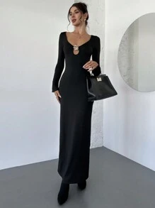 Firerie Vestido maxi negro de verano y principios de otoño, con escote bajo, sin mangas y calado, con decoración de botón metálico