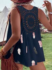 SHEIN LUNE Plus Feather Print Contrast Guipure Lace Graphic Women Summer Boho Tank Top - Navy Blue - View 1