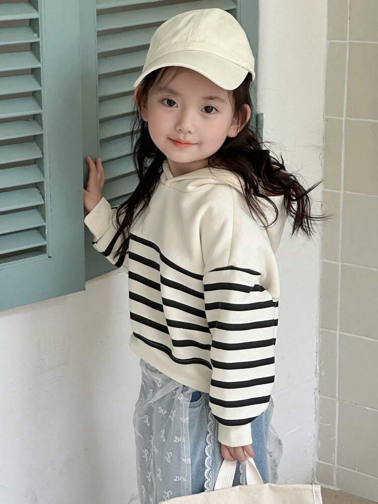 Sudadera con capucha de rayas con forro térmico de punto para niñas, ropa de otoño
