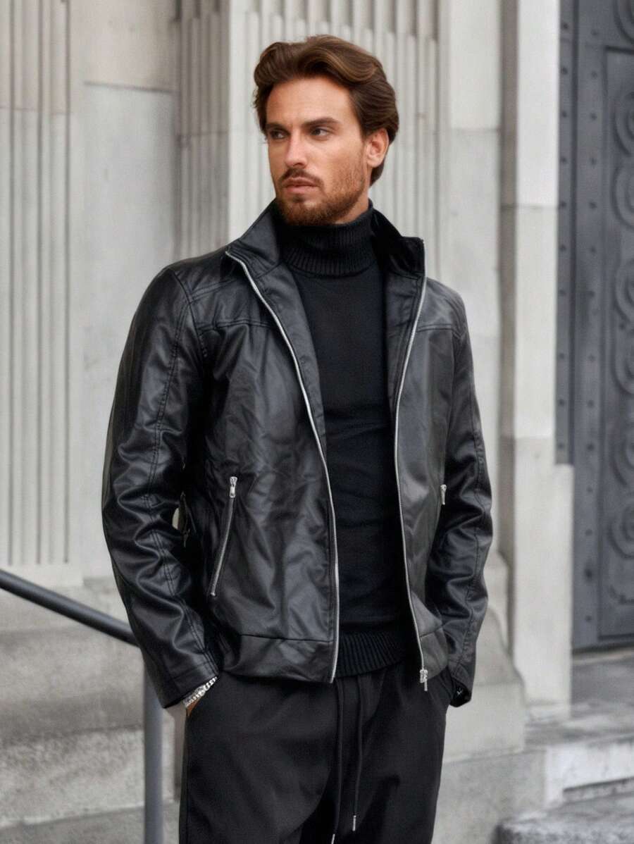 Manfinity Homme Áo khoác da dài tay thường ngày màu trơn có khóa kéo cho nam - màu đen - Xem 1